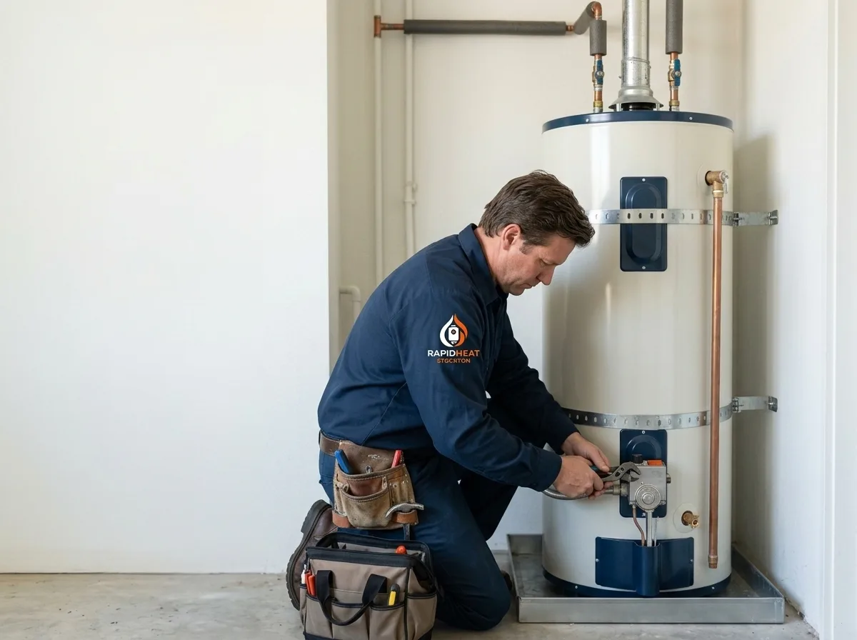 RapidHeat Stockton technician repairing a gas water heater in a home utility room.