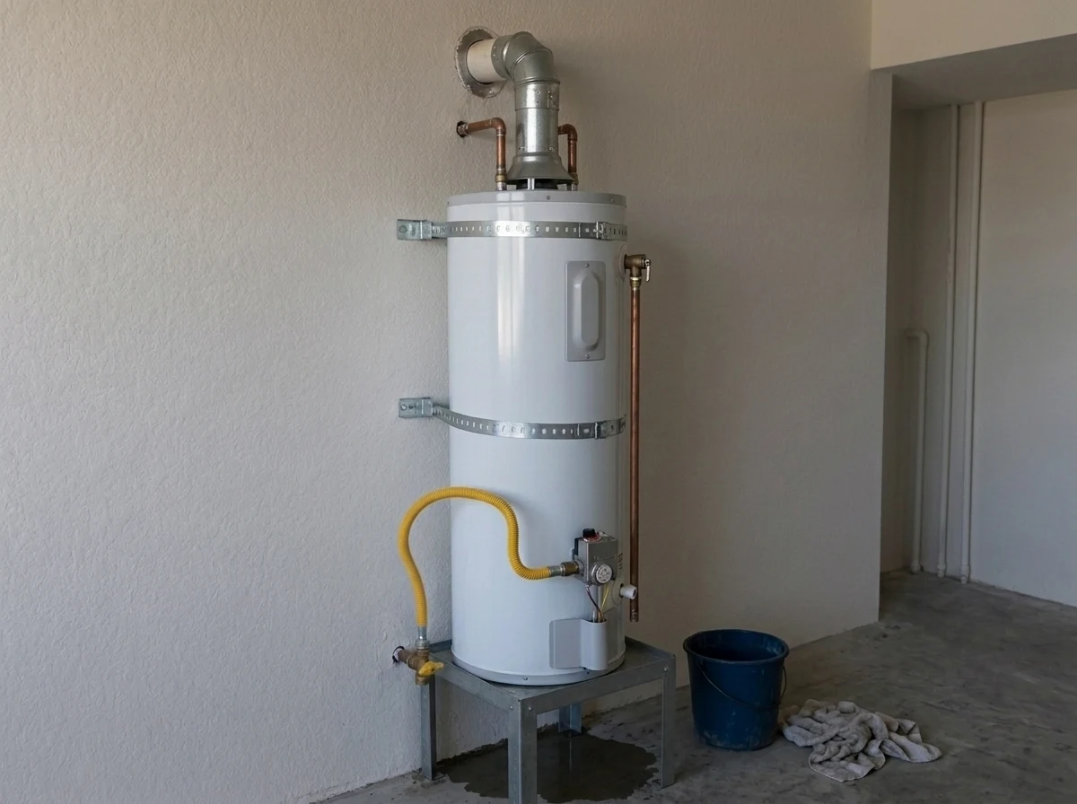 Gas water heater on a metal stand with a water spill on the floor and a bucket nearby.