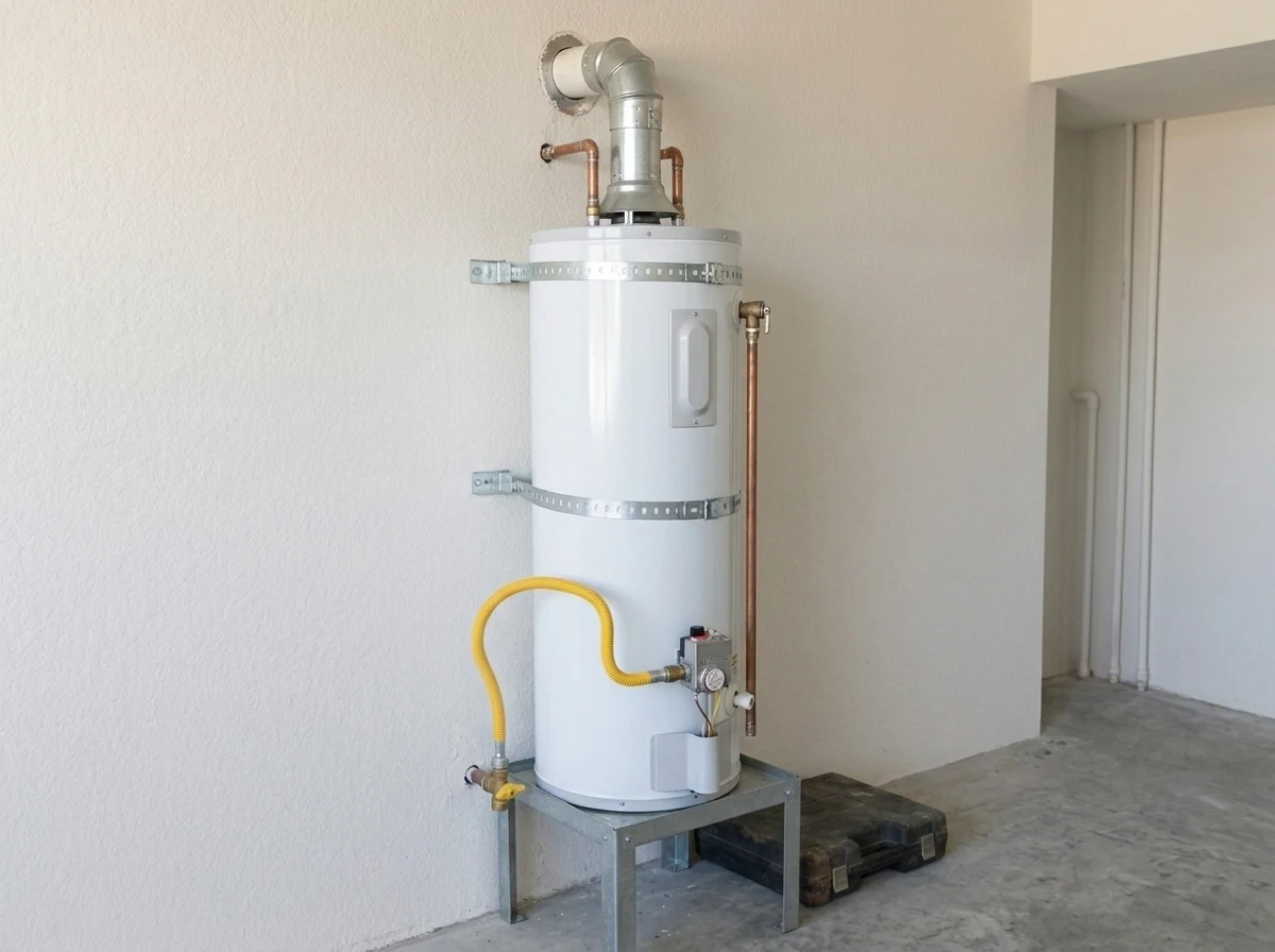 Gas storage water heater on a metal stand with yellow gas connector and vent pipe.