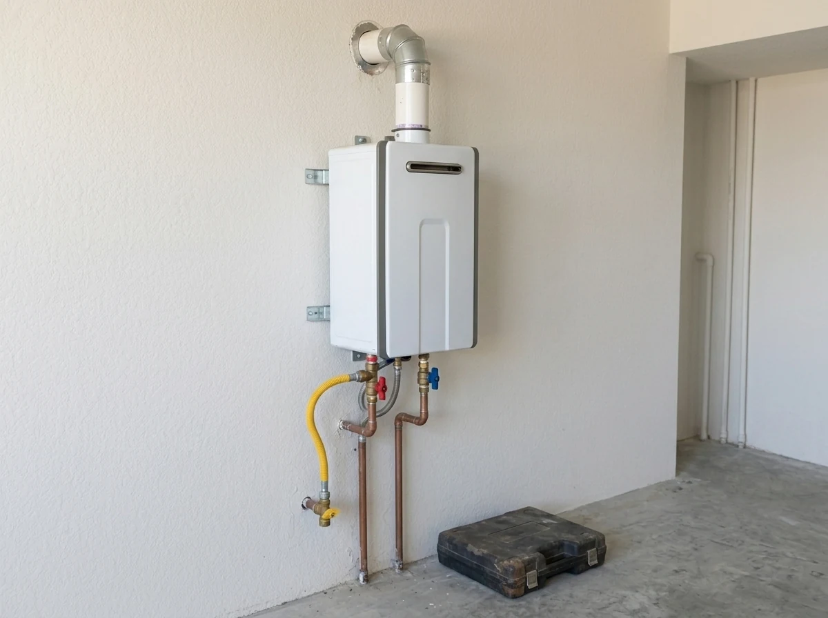 Wall-mounted tankless water heater with gas line, copper pipes and vent in a home garage.