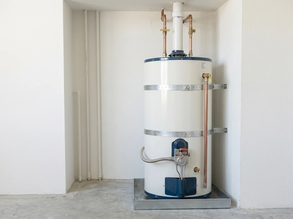 New gas storage water heater installed in a utility alcove with seismic straps and copper connections.