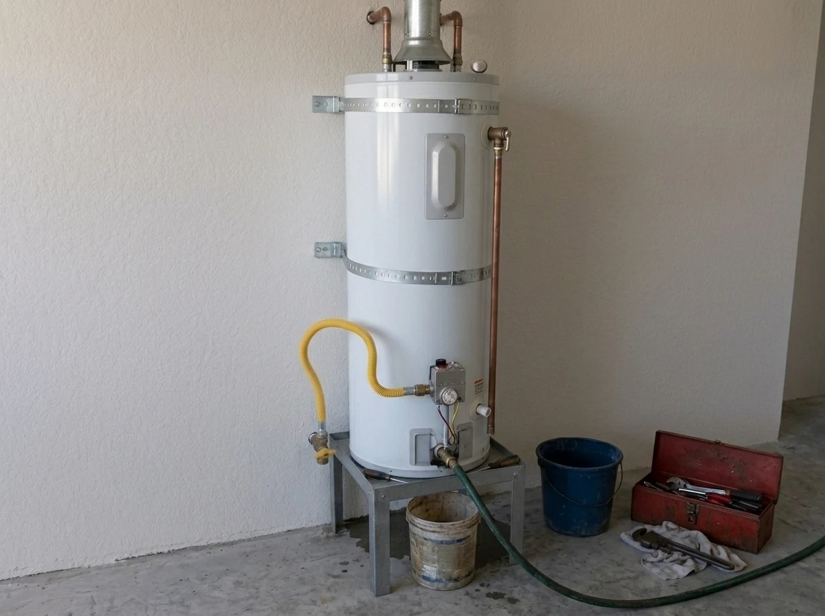 Gas water heater being serviced with a garden hose, buckets and a toolbox nearby.