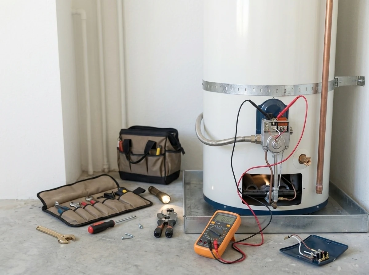 Gas water heater with a multimeter, tool bag and gas valve laid out for a repair check.